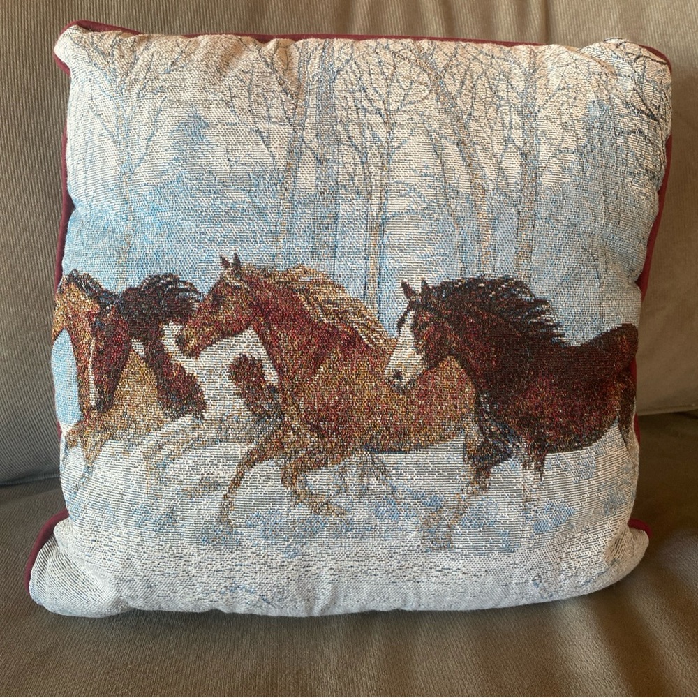 🛑SOLD🛑Horse Throw Pillow C. Cummings Running Horses Western 15”x15” Cabin